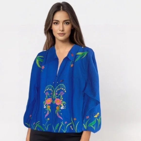 Vtg THE QUACKER FACTORY Colorful Embroidered Floral zip up Top Womens size 1X - Picture 1 of 16